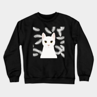 The cute white cat queen is watching you , white feathers on the black background Crewneck Sweatshirt